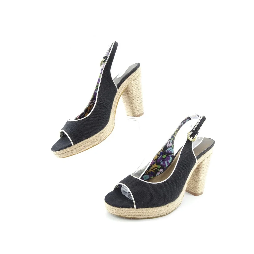 Tahari Barb Black Canvas Slingback Espadrille Shoe Jute Platform Wedge SZ‎ 9.5 M
